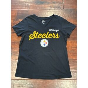G-III 4Her Pittsburgh Steelers T-Shirt Womens Large Black V-Neck Logo Tee